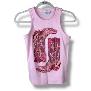 Mighty Fine Let's Go Girls Pink Cowgirl Boots Graphic Sleeveless Ribbed Tank Top